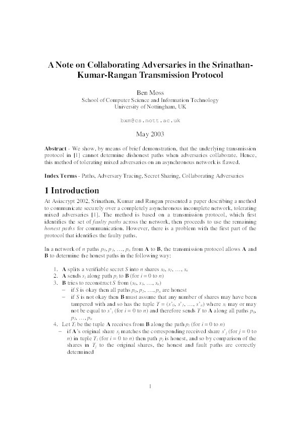 A Note on Collaborating Adversaries in the Srinathan-Kumar-Rangan Transmission Protocol Thumbnail