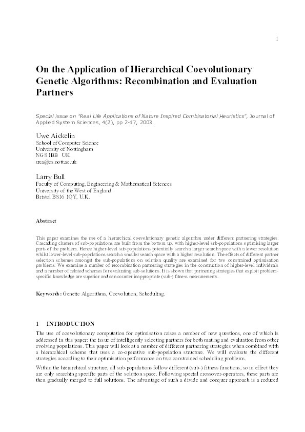 'On the Application of Hierarchical Coevolutionary Genetic Algorithms: Recombination and Evaluation Partners' Thumbnail