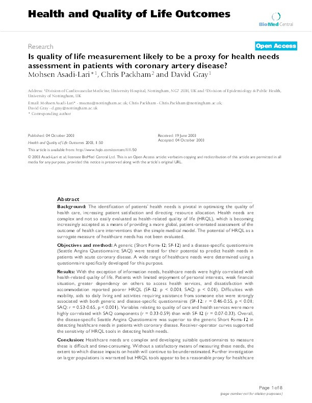 Is quality of life measurement likely to be a proxy for health needs assessment in patients with coronary artery disease? Thumbnail