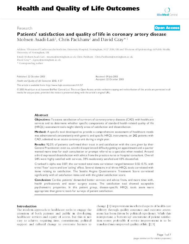 Patients' satisfaction and quality of life in coronary artery disease Thumbnail