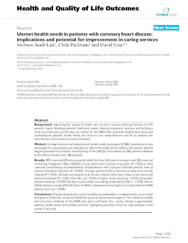 Unmet health needs in patients with coronary heart disease: implications and potential for improvement in caring services Thumbnail