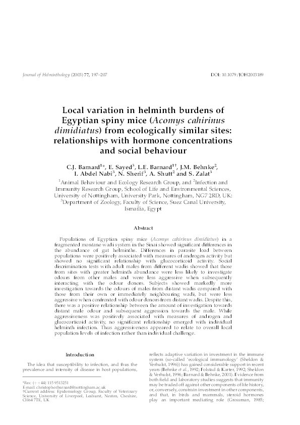 Local variation in helminth burdens of Egyptian spiny mice (Acomys cahirinus dimidiatus) from ecologically similar sites: relationships with hormone concentrations and social behaviour Thumbnail