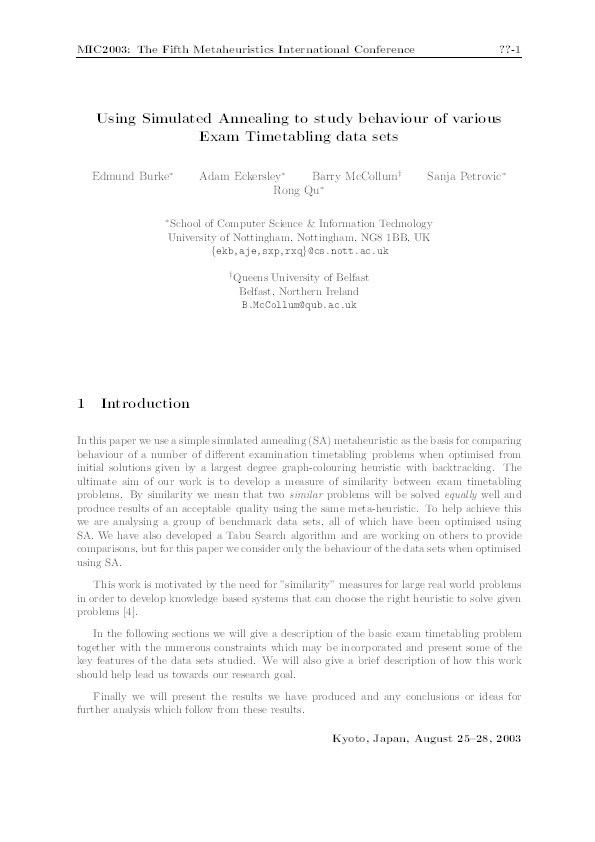 Using simulated annealing to study behaviour of various exam timetabling data sets Thumbnail