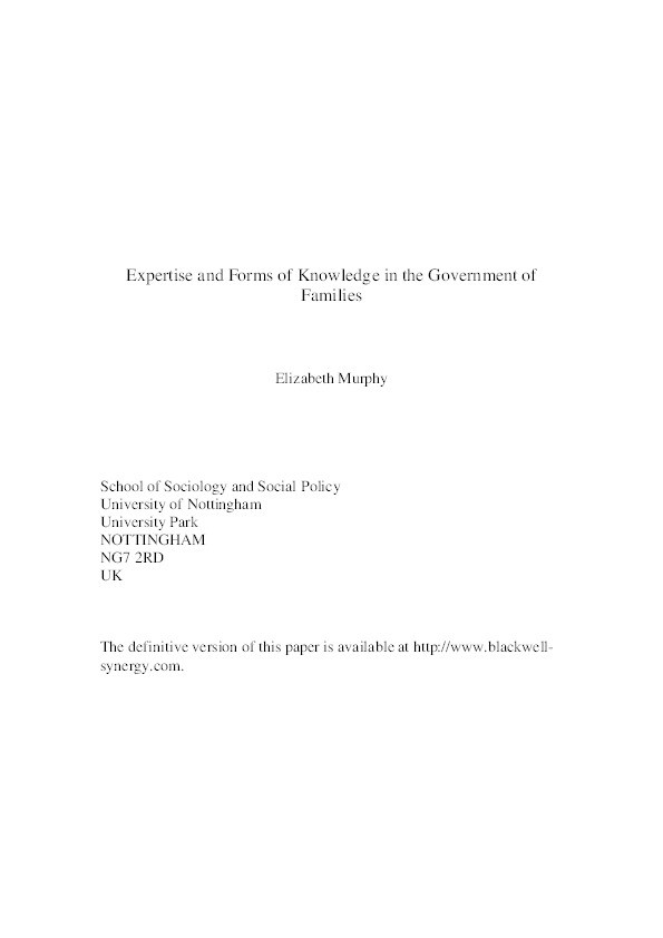 Expertise and forms of knowledge in the government of families Thumbnail