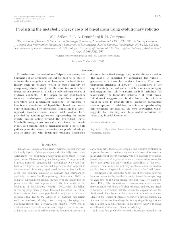 Predicting the metabolic energy costs of bipedalism using evolutionary robotics Thumbnail