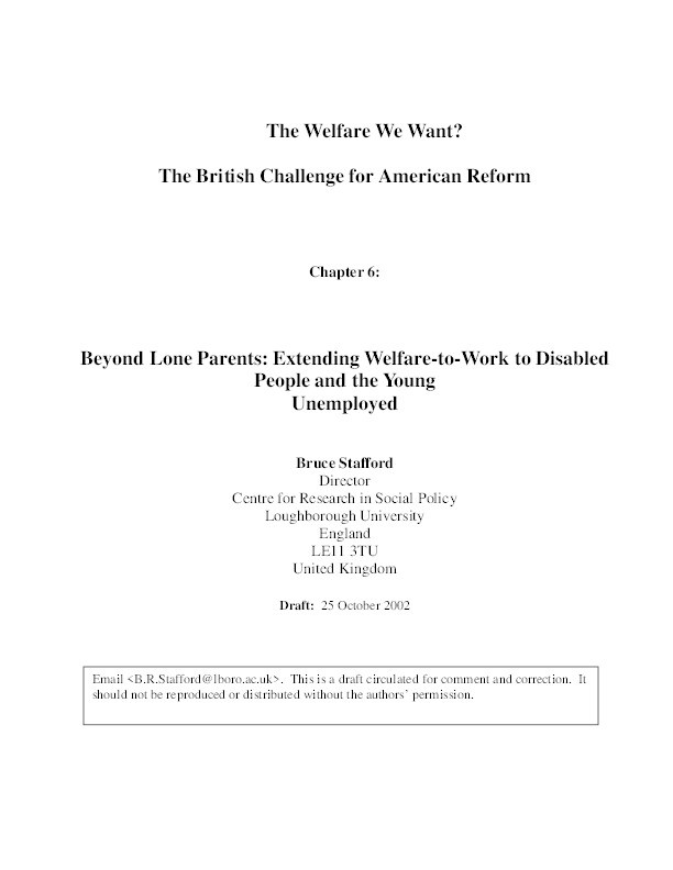 Beyond lone parents: extending welfare to work to disabled people and the young unemployed Thumbnail