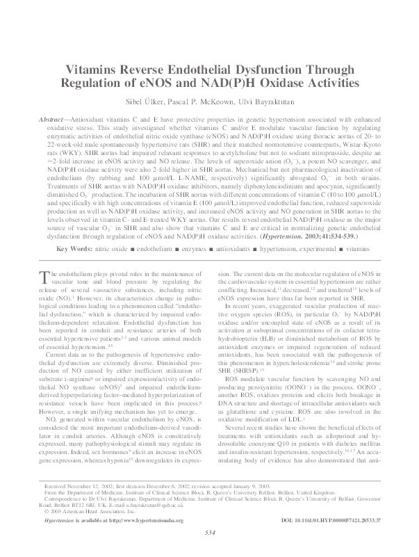 Vitamins Reverse Endothelial Dysfunction Through Regulation of eNOS and NAD(P)H Oxidase Activities Thumbnail