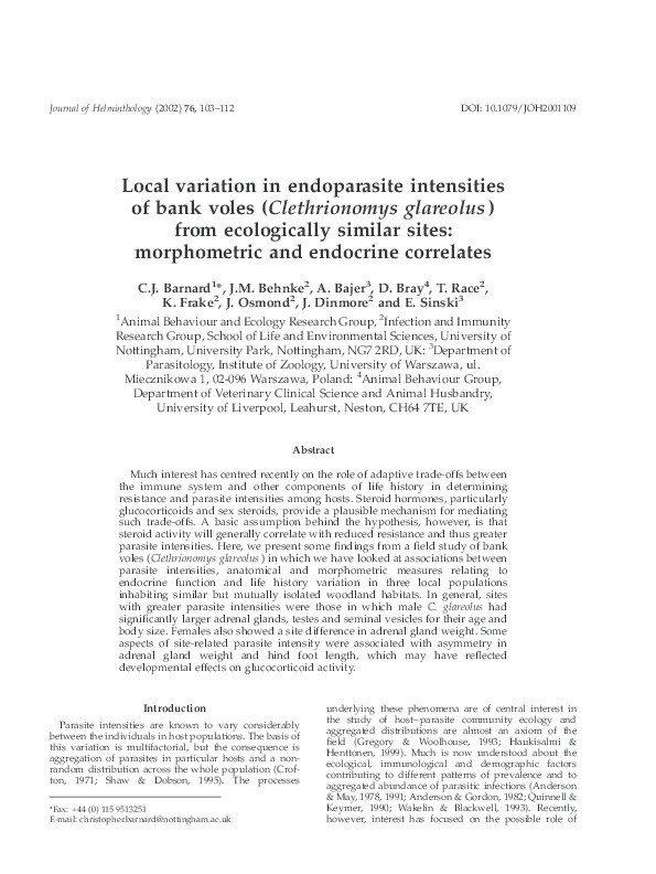 Local variation in endoparasite intensities of bank voles (Clethrionomys glareolus )from ecologically similar sites: morphometric and endocrine correlates Thumbnail