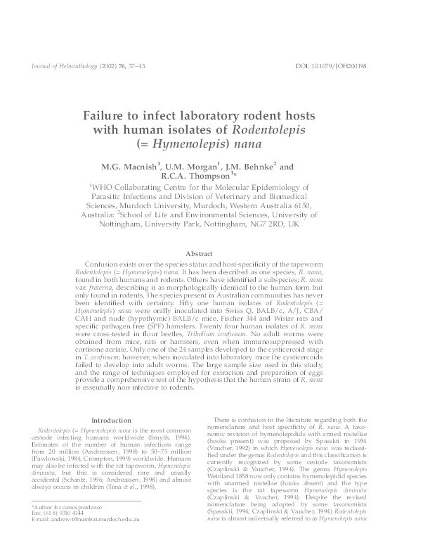 Failure to infect laboratory rodent hosts with human isolates of Rodentolepis(= Hymenolepis) nana Thumbnail