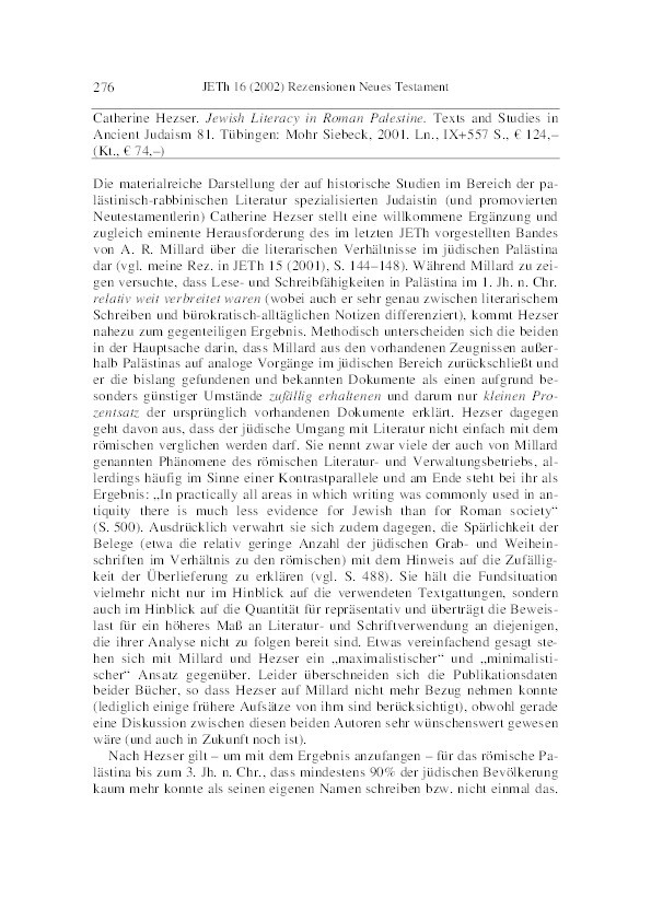 Review of/Rezension: Catherine Hezser, Jewish Literacy in Roman Palestine. Texts and Studies in Ancient Judaism 81. Tübingen: Mohr Siebeck, 2001 Thumbnail