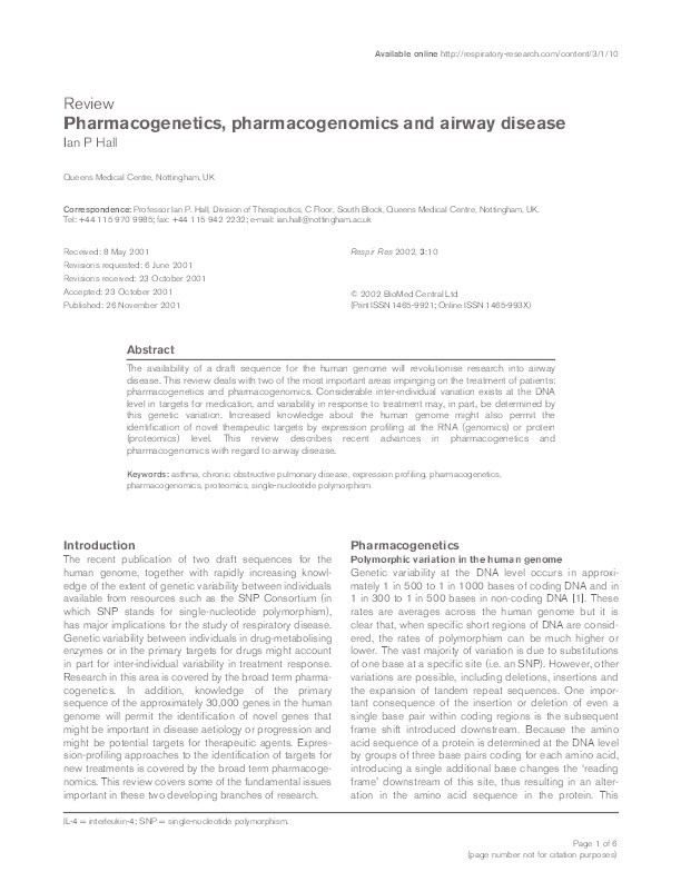 Pharmacogenetics, pharmacogenomics and airway disease Thumbnail