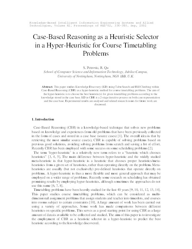 Case-Based Reasoning as a Heuristic Selector in a Hyper-Heuristic for Course Timetabling Problems Thumbnail