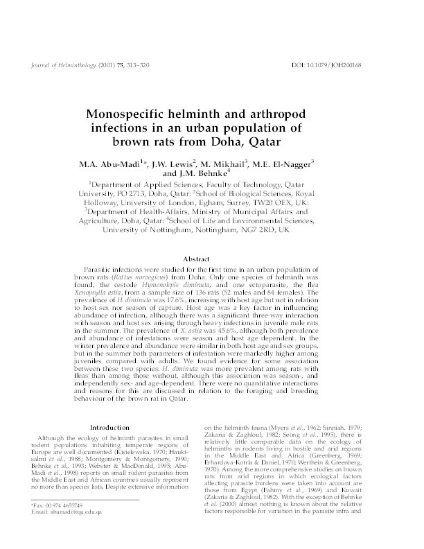 Monospecific helminth and arthropod infections in an urban population of brown rats from Doha, Qatar Thumbnail