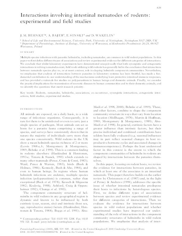 Interactions involving intestinal nematodes of rodents: experimental and field studies Thumbnail