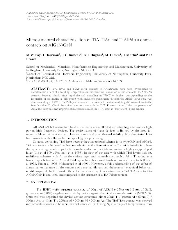 Microstructural characterisation of TiAlTiAu and TiAlPdAu ohmic contacts to AlGaN/GaN Thumbnail