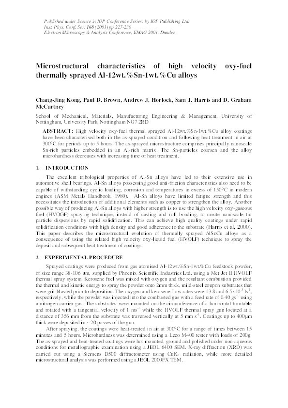 Microstructural characterisation of a high velocity oxy-fuel thermally sprayed Al-12wt.%Sn-1wt.%Cu alloy Thumbnail