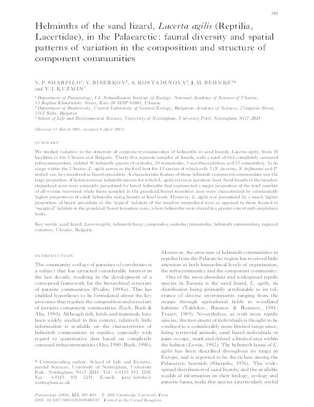 Helminths of the sand lizard, Lacerta agilis (Reptilia, Lacertidae), in the Palaearctic: faunal diversity and spatial patterns of variation in the composition and structure of component communities Thumbnail