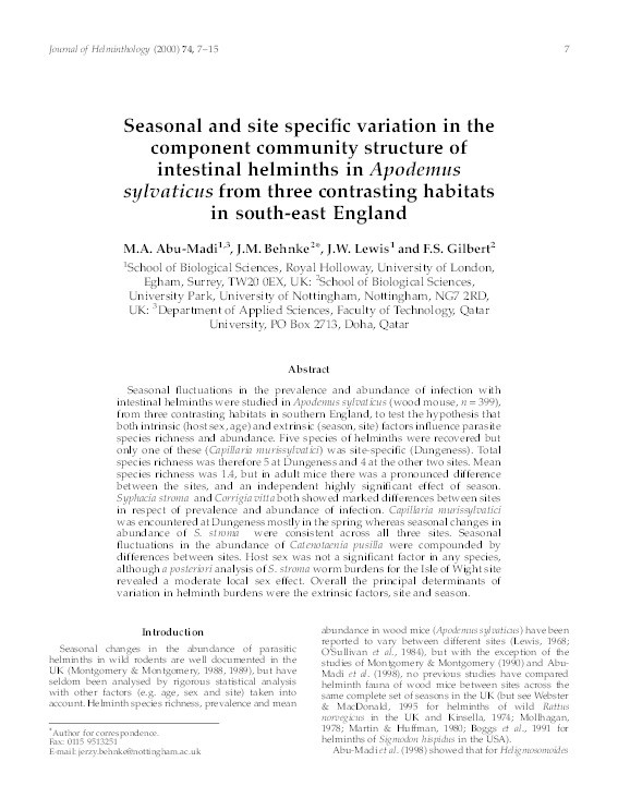 Seasonal and site specific variation in the component community structure of intestinal helminths in Apodemus sylvaticus from three contrasting habitats in south-east England Thumbnail
