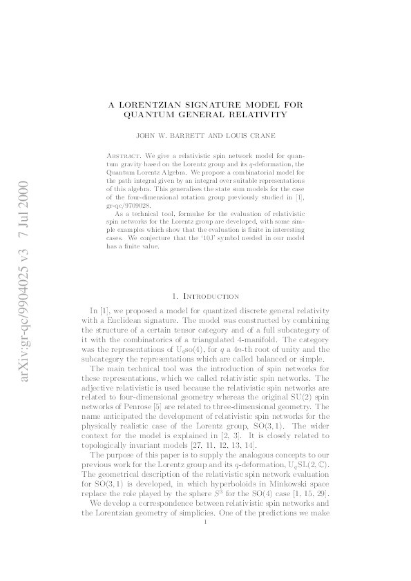 A Lorentzian Signature Model for Quantum General Relativity Thumbnail