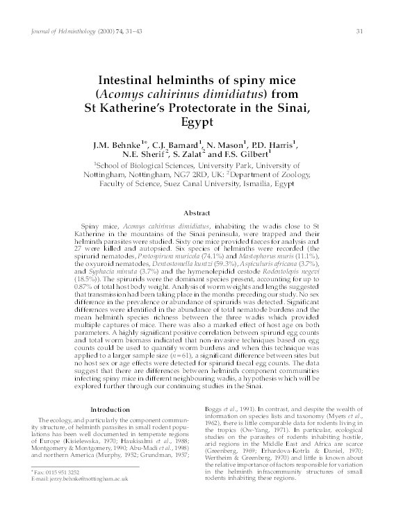 Intestinal helminths of spiny mice (Acomys cahirinus dimidiatus) from St Katherine's Protectorate in the Sinai, Egypt Thumbnail