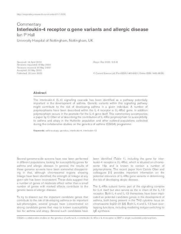 Interleukin-4 receptor alpha gene variants and allergic disease Thumbnail