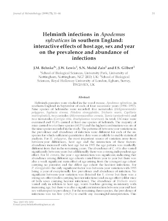 Helminth infections in Apodemus sylvaticus in southern England: interactive effects of host age, sex and year on the prevalence and abundance of infections Thumbnail