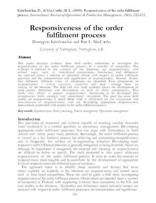 Responsiveness of the order fulfilment process Thumbnail