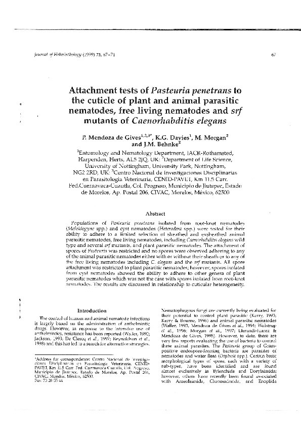Attachment tests of Pasteuria penetrans to the cuticle of plant and animal parasitic nematodes, free living nematodes and srf mutants of Caenorhabditis elegans Thumbnail