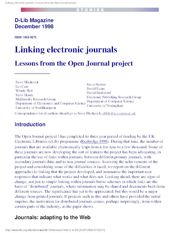 Linking electronic journals - Lessons from the Open Journal project Thumbnail