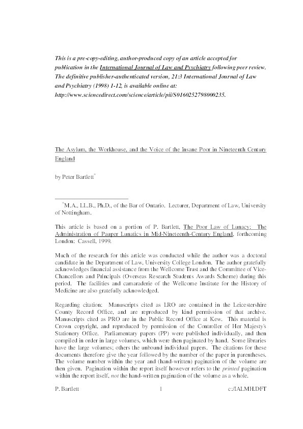 The asylum, the workhouse, and the voice of the insane poor in nineteenth century England Thumbnail