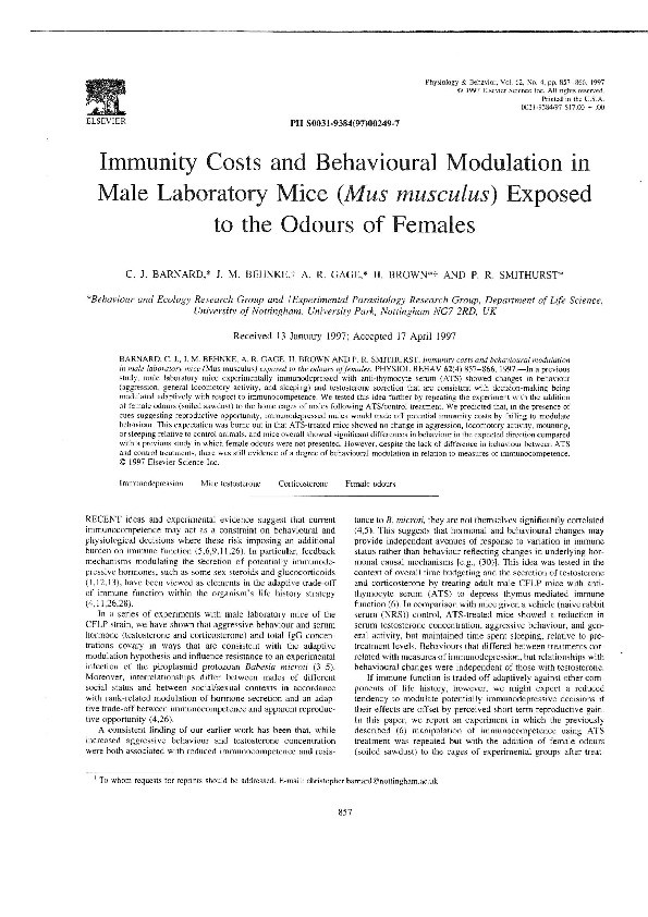 Immunity costs and behavioural modulation in male laboratory mice (Mus musculus) exposed to the odours of females Thumbnail