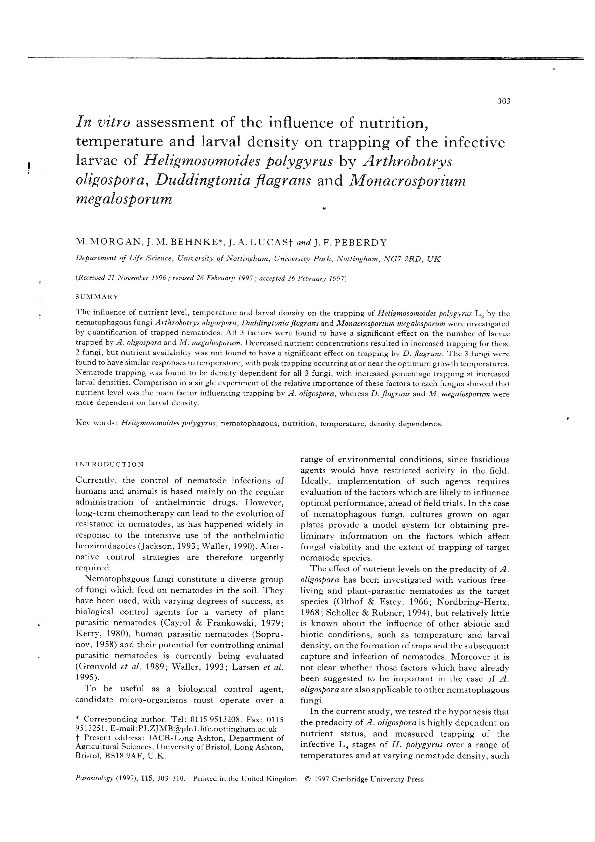 In vitro assessment of the influence of nutrition, temperature and larval density on trapping of the infective larvae of Heligmosomoides polygyrus by Arthrobotrys oligospora, Duddingtonia flagrans and Monacrosporium megalosporum Thumbnail