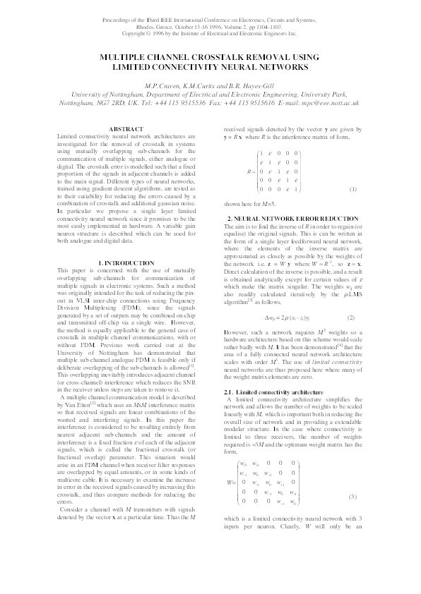 Multiple channel crosstalk removal using limited connectivity neural networks Thumbnail