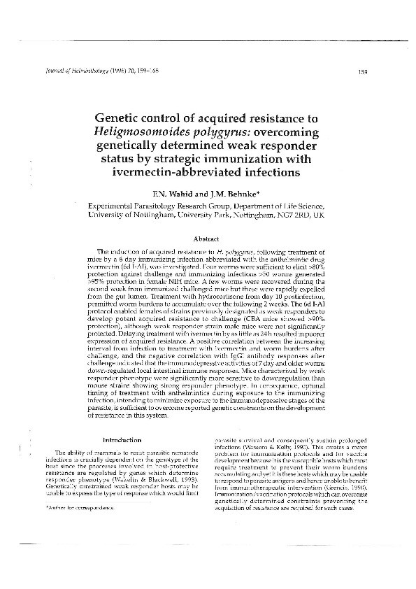 Genetic control of acquired resistance to Heligmosomoides polygyrus: overcoming genetically determined weak responder status by strategic immunization with ivermectin-abbreviated infections Thumbnail