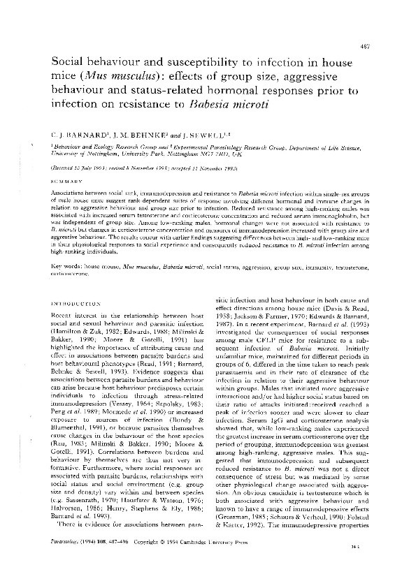 Social behaviour and susceptibility to infection in house mice (Mus musculus): effects of group size, aggressive behaviour and status-related hormonal responses prior to infection on resistance to Babesia microti Thumbnail