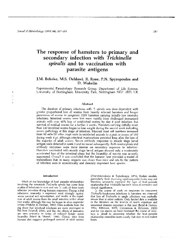 The response of hamsters to primary and secondary infection with Trichinella spiralis and to vaccination with parasite antigens Thumbnail