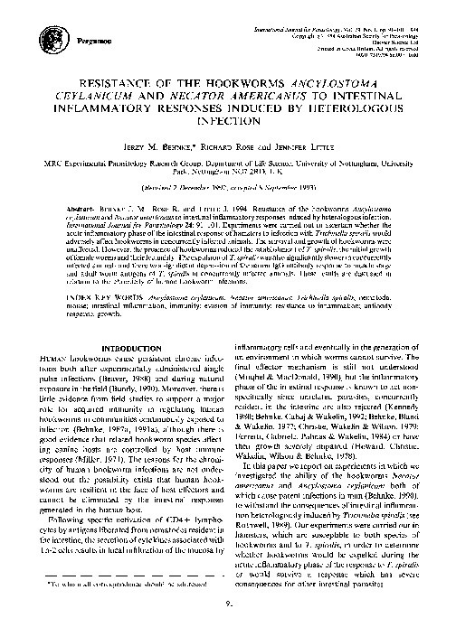 Resistance of the hookworms Ancylostoma ceylanicum and Necator americanus to intestinal inflammatory responses induced by heterologous infection Thumbnail