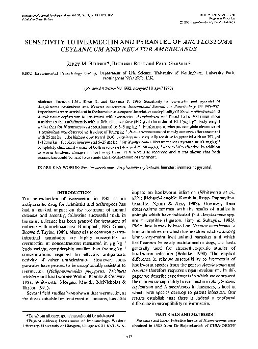 Sensitivity to ivermectin and pyrantel of Ancylostoma ceylanicum and Necator americanus Thumbnail