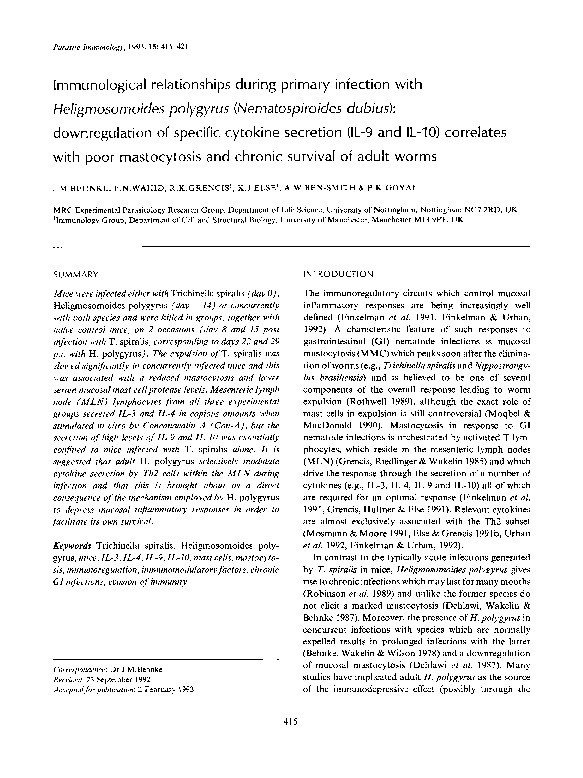 Immunological relationships during primary infection with Heligmosomoides polygyrus (Nematospiroides dubius): downregulation of  specific cytokine secretion (IL-9 and IL-10) correlates with poor mastocytosis and chronic survival of adult worms Thumbnail