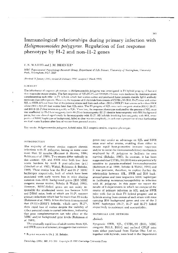 Immunological relationships during primary infection with Heligmosomoides polygyrus: regulation of fast response phenotype by H-2 and non H-2 genes Thumbnail