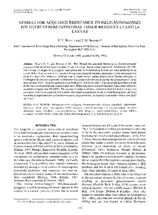 Stimuli for acquired resistance to Heligmosomoides polygyrus from intestinal tissue resident L3 and L4 larvae Thumbnail