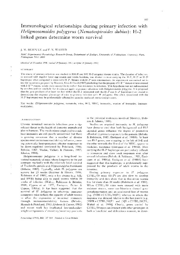 Immunological relationships during primary infection with Heligmosomoides polygyrus (Nematospiroides dubius):  H-2 linked genes determine worm survival Thumbnail