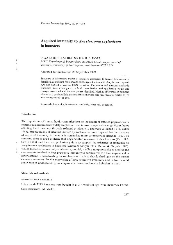 Acquired immunity to Ancylostoma ceylanicum in hamsters Thumbnail