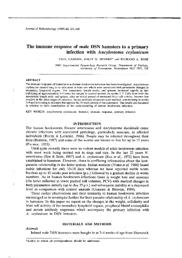 The immune response of male DSN hamsters to a primary infection with Ancylostoma ceylanicum Thumbnail