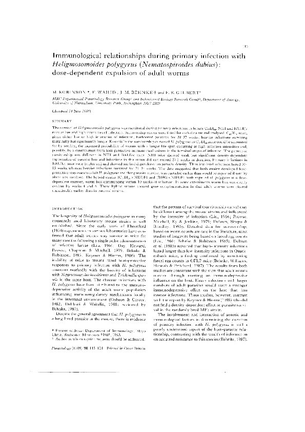 Immunological relationships during primary infection with Heligmosomoides polygyrus (Nematospiroides dubius): dose-dependent expulsion of adult worms Thumbnail