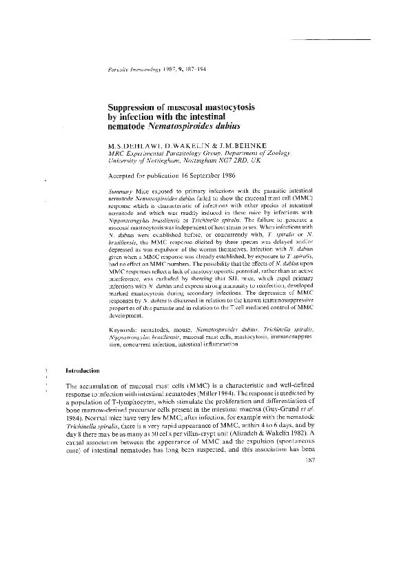 Suppression of mucosal mastocytosis by infection with the intestinal nematode Nematospiroides dubius Thumbnail