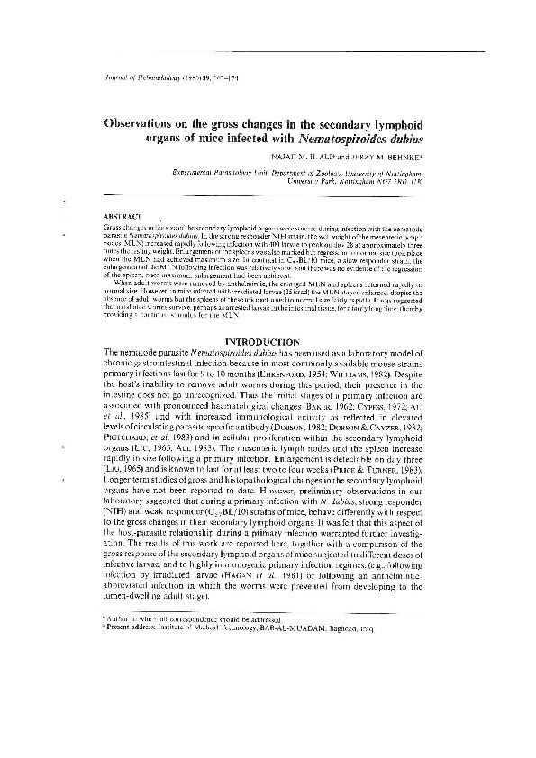 Observations on the gross changes in the secondary lymphoid organs of mice infected with Nematospiroides dubius Thumbnail