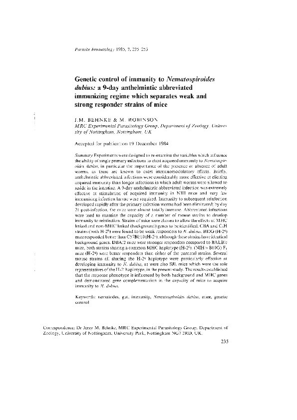 Genetic control of immunity to Nematospiroides dubius: a 9-day anthelmintic abbreviated immunizing regime which separates weak and strong responder strains of mice Thumbnail