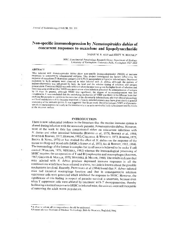 Non-specific immunodepression by Nematospiroides dubius of concurrent responses to oxazolone and lipopolysaccharide Thumbnail