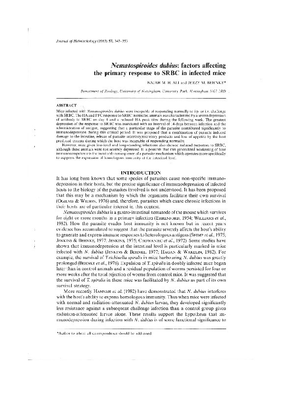 Nematospiroides dubius: factors affecting the primary response to SRBC in infected mice Thumbnail